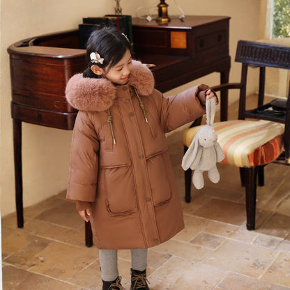 Kids' Winter Coat for Boys and Girls with Long Fit and Faux Fur Collar