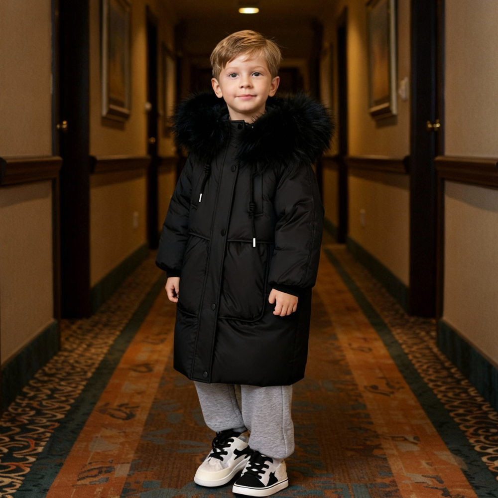 Abrigo de invierno largo para niños y niñas con cuello de pelo sintético