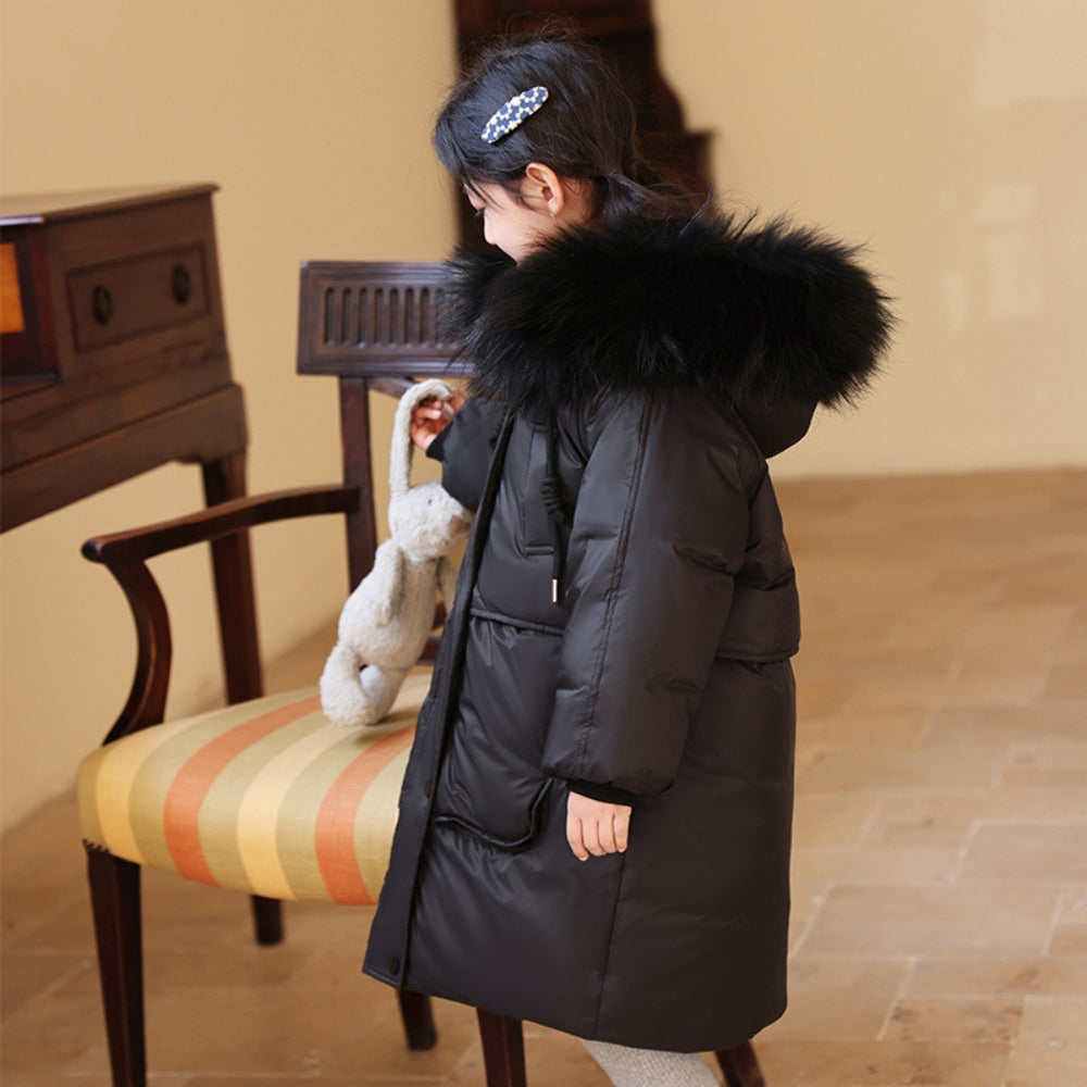 Kids' Winter Coat for Boys and Girls with Long Fit and Faux Fur Collar