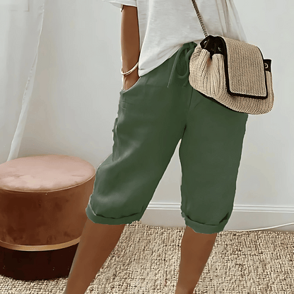 Knee-Length Cotton and Linen Harem Shorts for Women