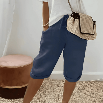 Knee-Length Cotton and Linen Harem Shorts for Women