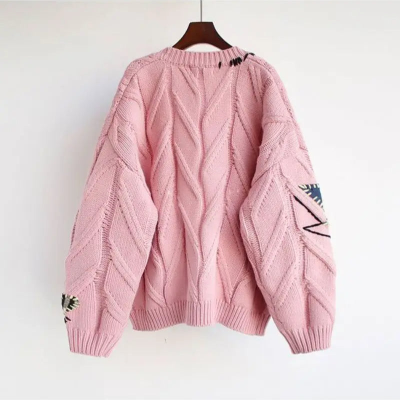 Knitted Women's Cardigan with Patchwork Embroidery and V-Neck