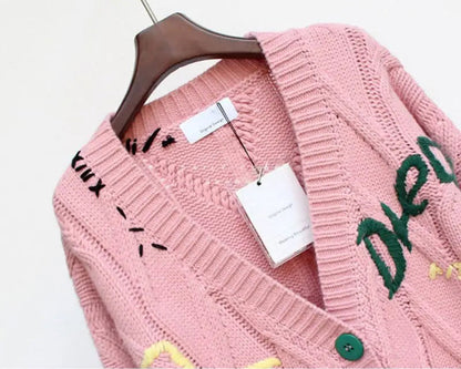 Knitted Women's Cardigan with Patchwork Embroidery and V-Neck