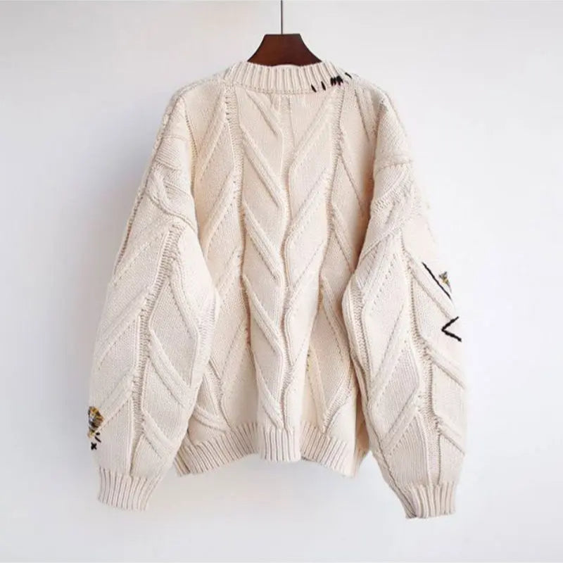 Knitted Women's Cardigan with Patchwork Embroidery and V-Neck