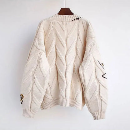 Knitted Women's Cardigan with Patchwork Embroidery and V-Neck