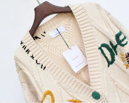 Knitted Women's Cardigan with Patchwork Embroidery and V-Neck