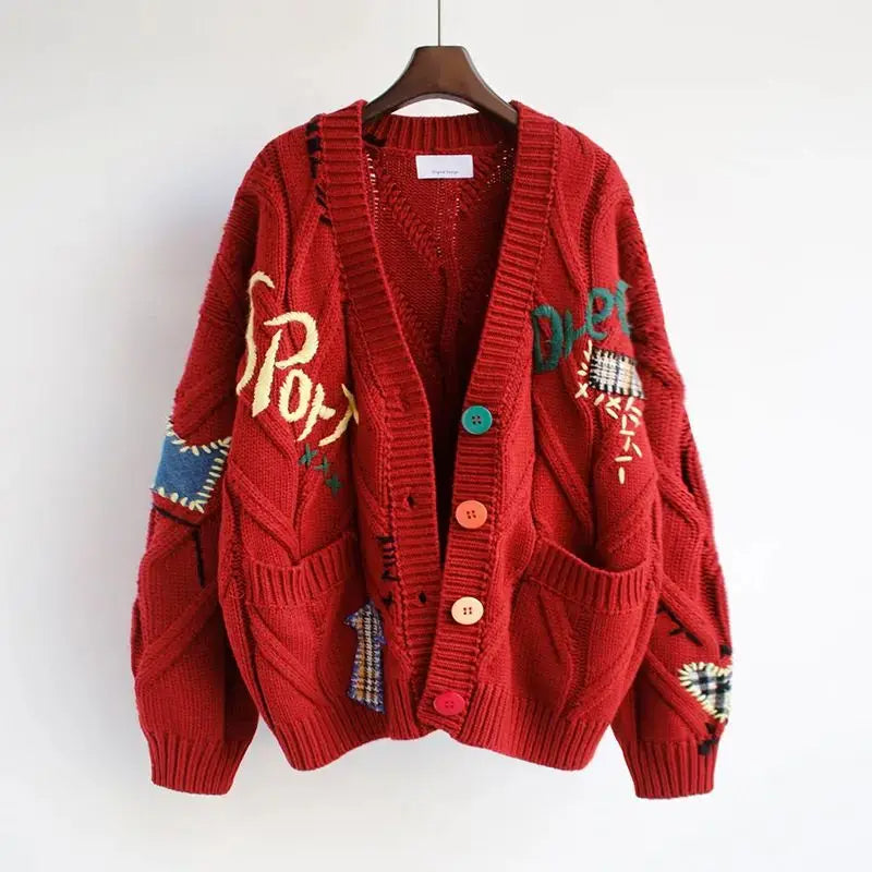 Knitted Women's Cardigan with Patchwork Embroidery and V-Neck