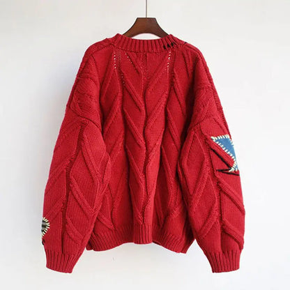Knitted Women's Cardigan with Patchwork Embroidery and V-Neck