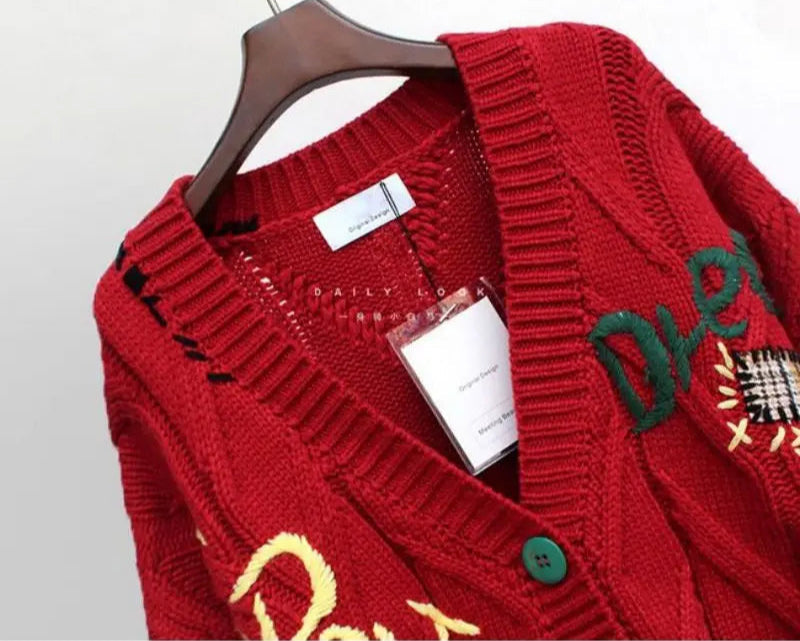 Knitted Women's Cardigan with Patchwork Embroidery and V-Neck