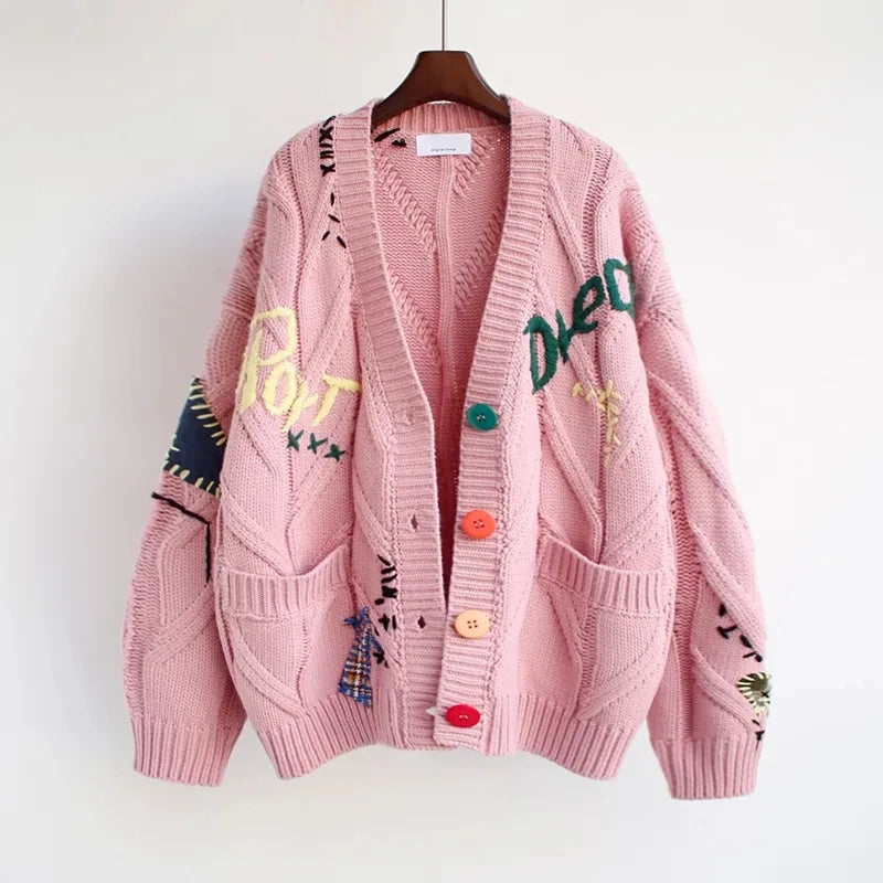 Knitted Women's Cardigan with Patchwork Embroidery and V-Neck