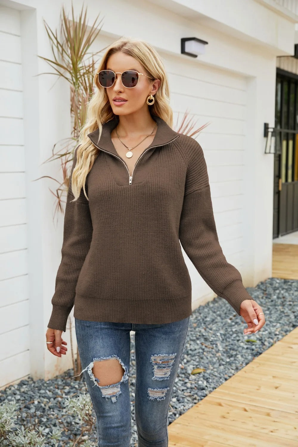 Knitted Women's Sweater with Half Zip - Janel