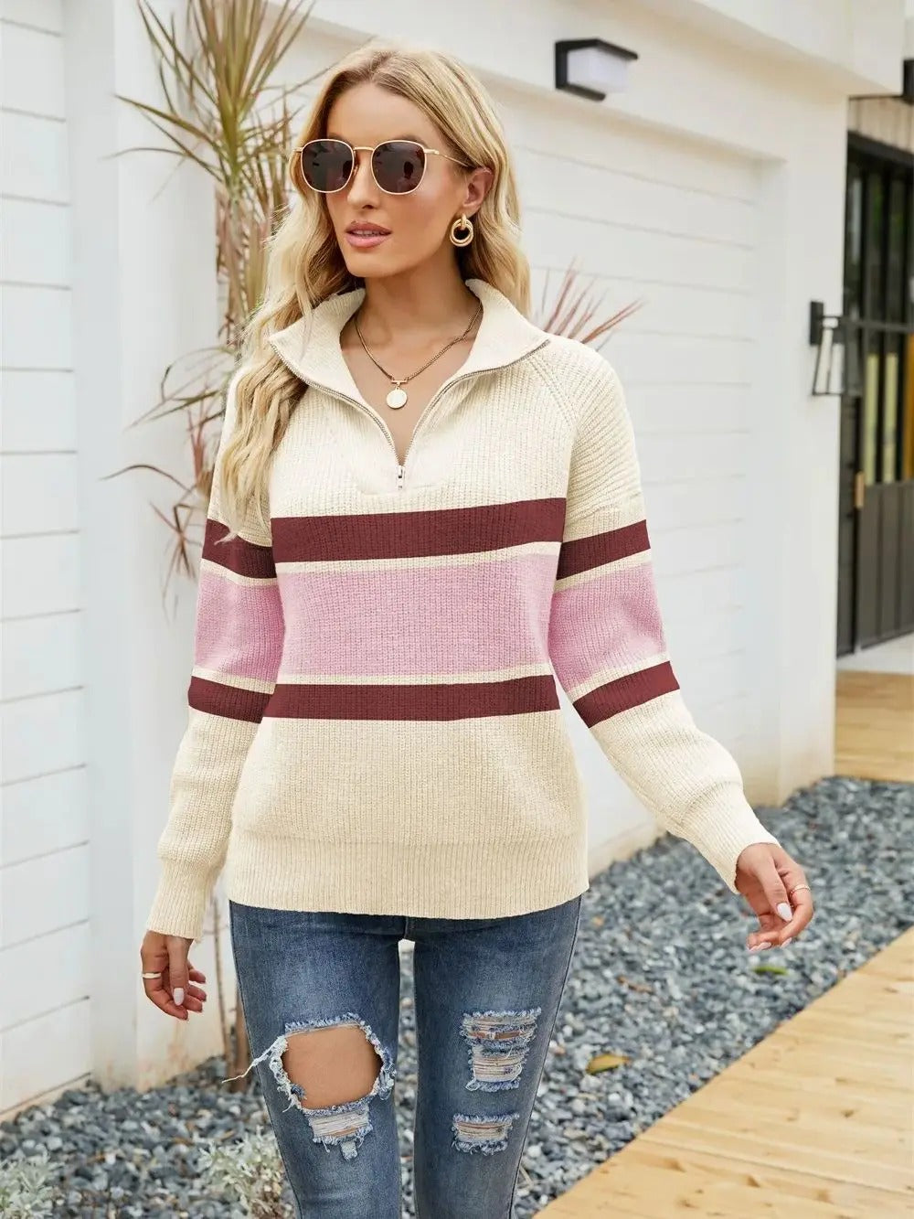 Knitted Women's Sweater with Half Zip - Janel