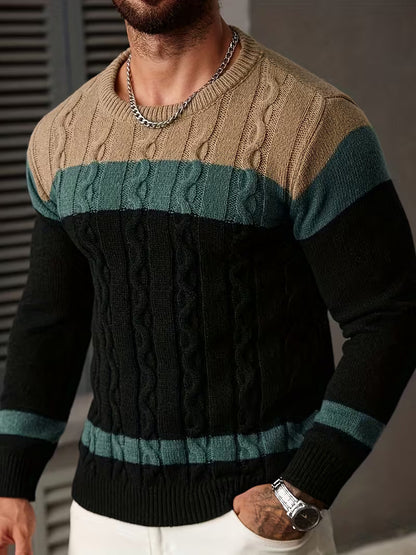 Knitted jumper with colour block design and round neck