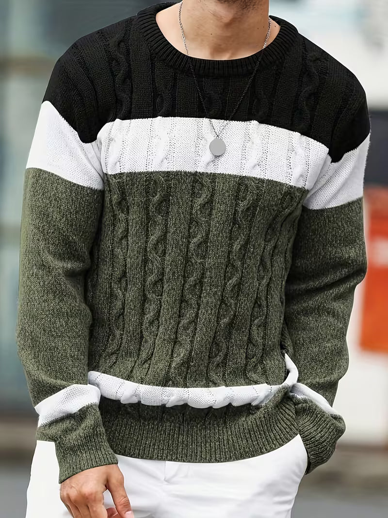 Knitted jumper with colour block design and round neck