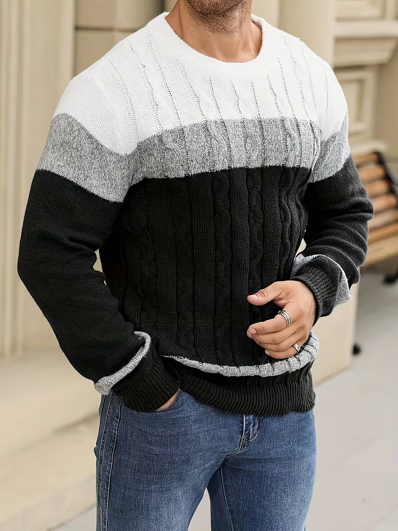 Knitted jumper with colour block design and round neck