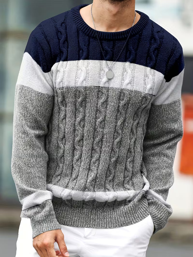 Knitted jumper with colour block design and round neck