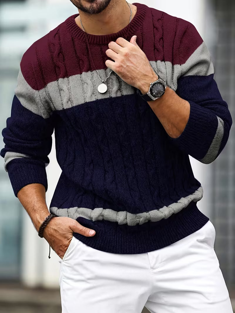 Knitted jumper with colour block design and round neck
