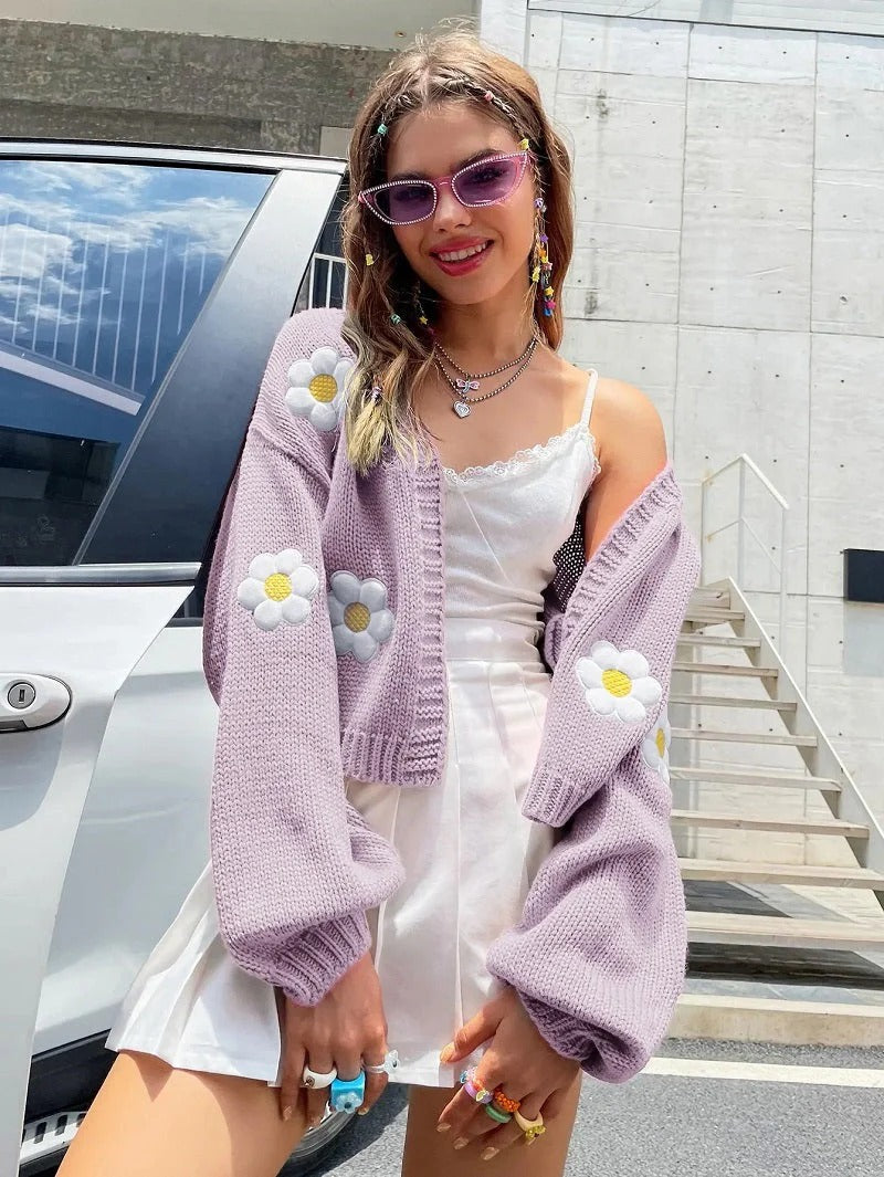 Knitted women's cardigan with flowers - Jessy