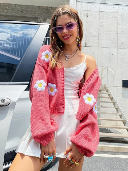 Knitted women's cardigan with flowers - Jessy