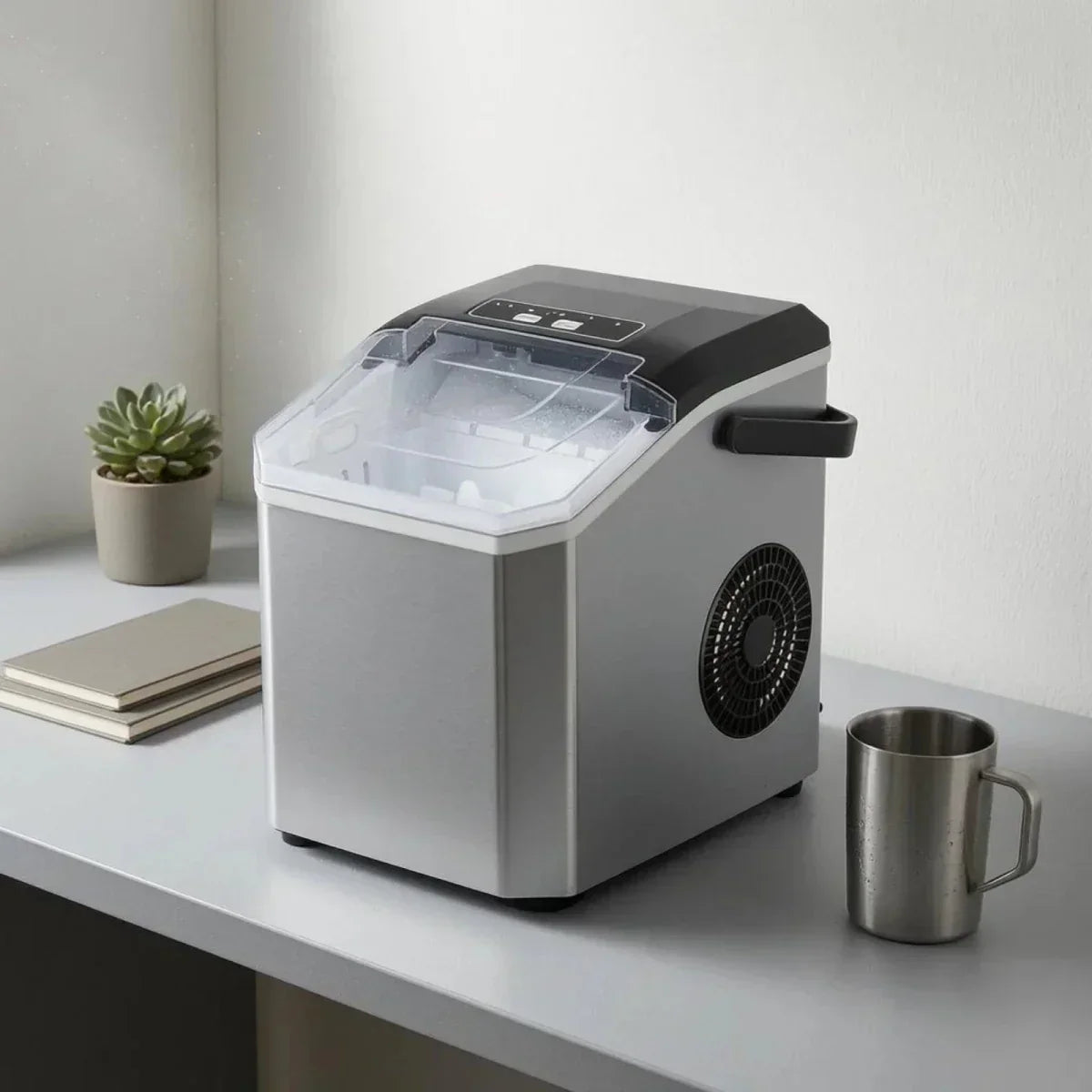 Máquina de acero inoxidable para hacer cubitos de hielo con tapa transparente para cubitos frescos