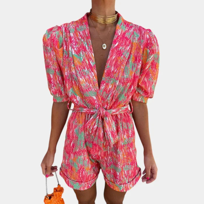 Short Summer Jumpsuit with Vibrant Print and Waist-Defining Belt