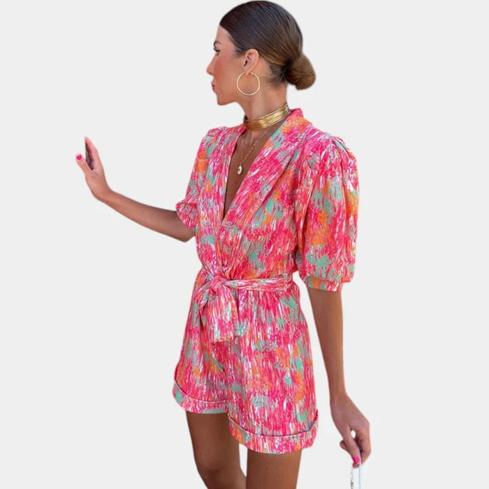 Short Summer Jumpsuit with Vibrant Print and Waist-Defining Belt