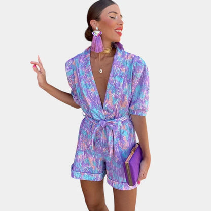 Short Summer Jumpsuit with Vibrant Print and Waist-Defining Belt