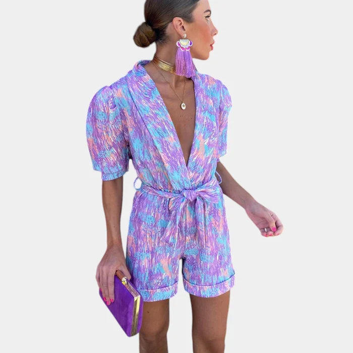Short Summer Jumpsuit with Vibrant Print and Waist-Defining Belt