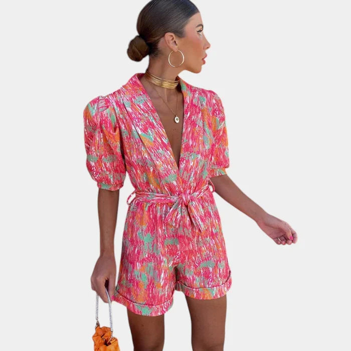 Short Summer Jumpsuit with Vibrant Print and Waist-Defining Belt