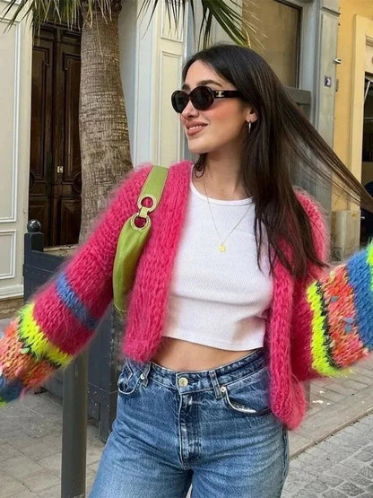 Colourful knitted short cardigan with puff sleeves for women - Aleta
