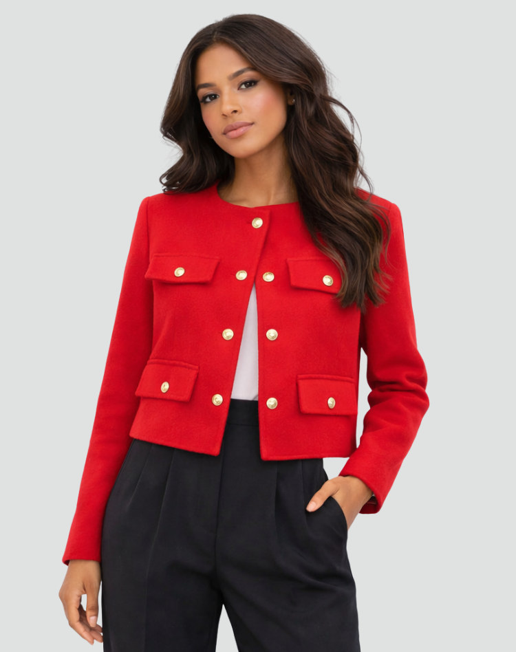 Blazer corto da donna con bottoni dorati e tasche con patta