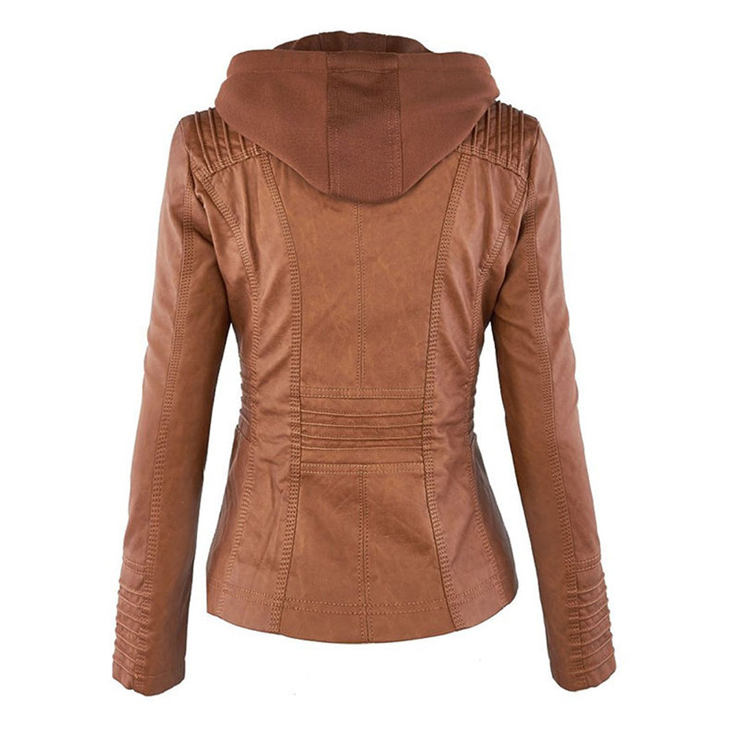 Leather Biker Jacket with Hood for Women