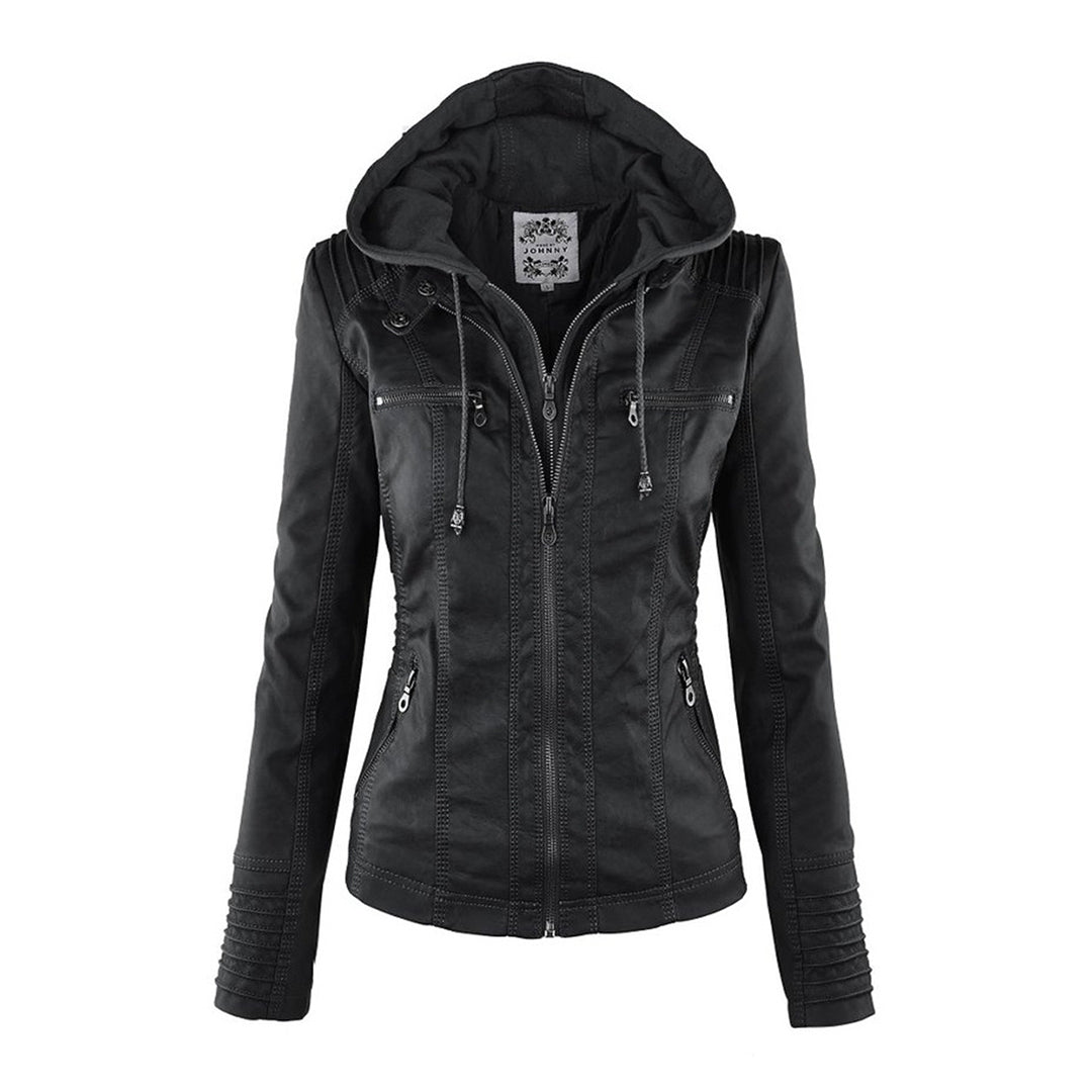 Leather Biker Jacket with Hood for Women