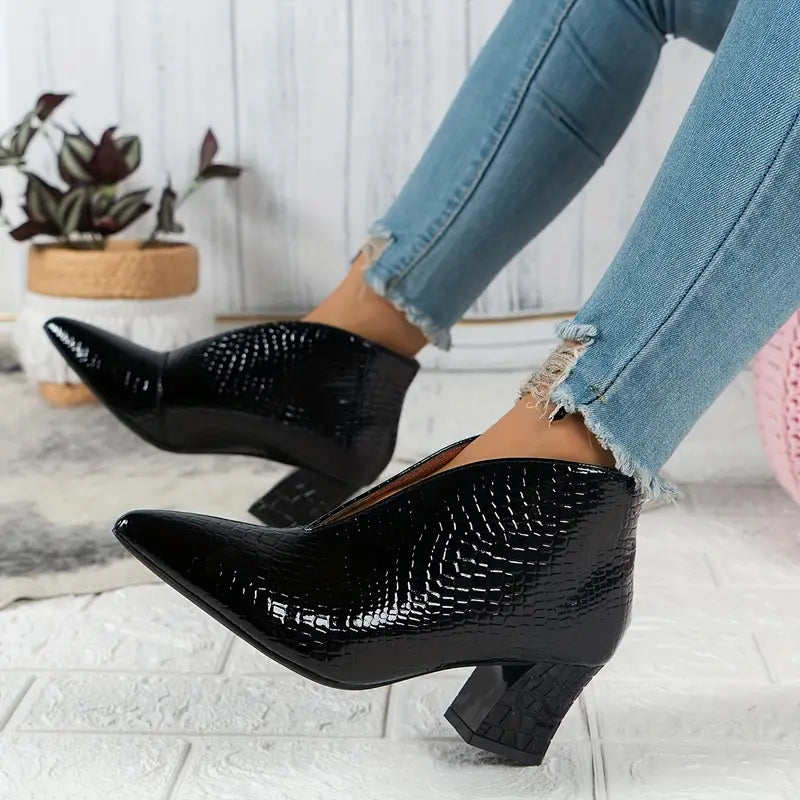 Ladies Ankle Boots with Snake Print and Stylish Block Heel