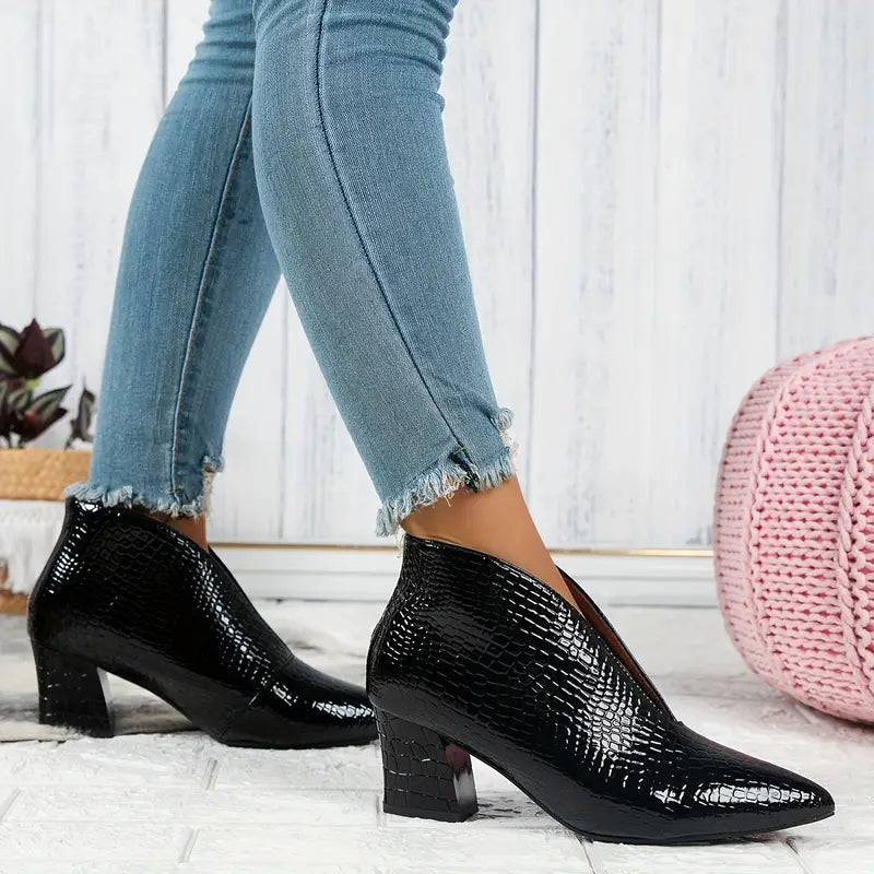 Ladies Ankle Boots with Snake Print and Stylish Block Heel