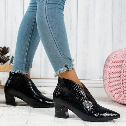 Ladies Ankle Boots with Snake Print and Stylish Block Heel
