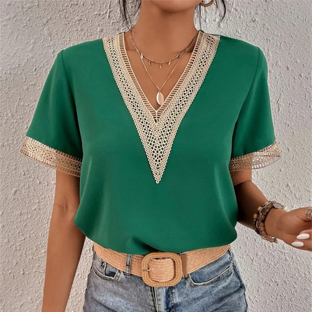 Ladies' Blouse with Split Lace and V-Neck - Nina