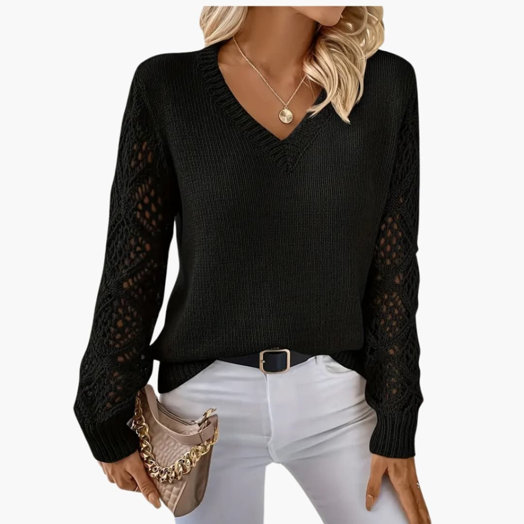 Ladies Fine Knitted Sweater with V-Neck and Long Sleeves