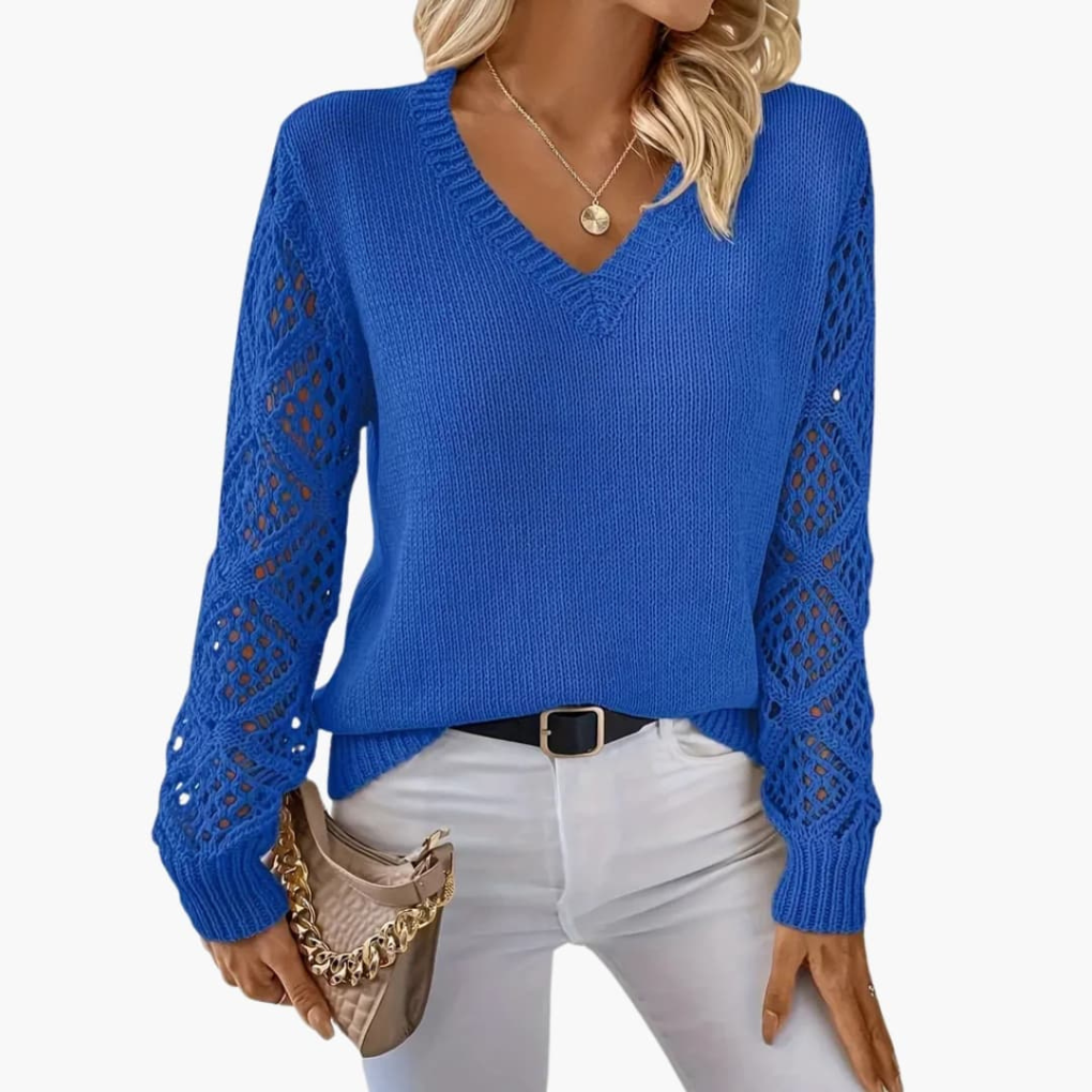 Ladies Fine Knitted Sweater with V-Neck and Long Sleeves
