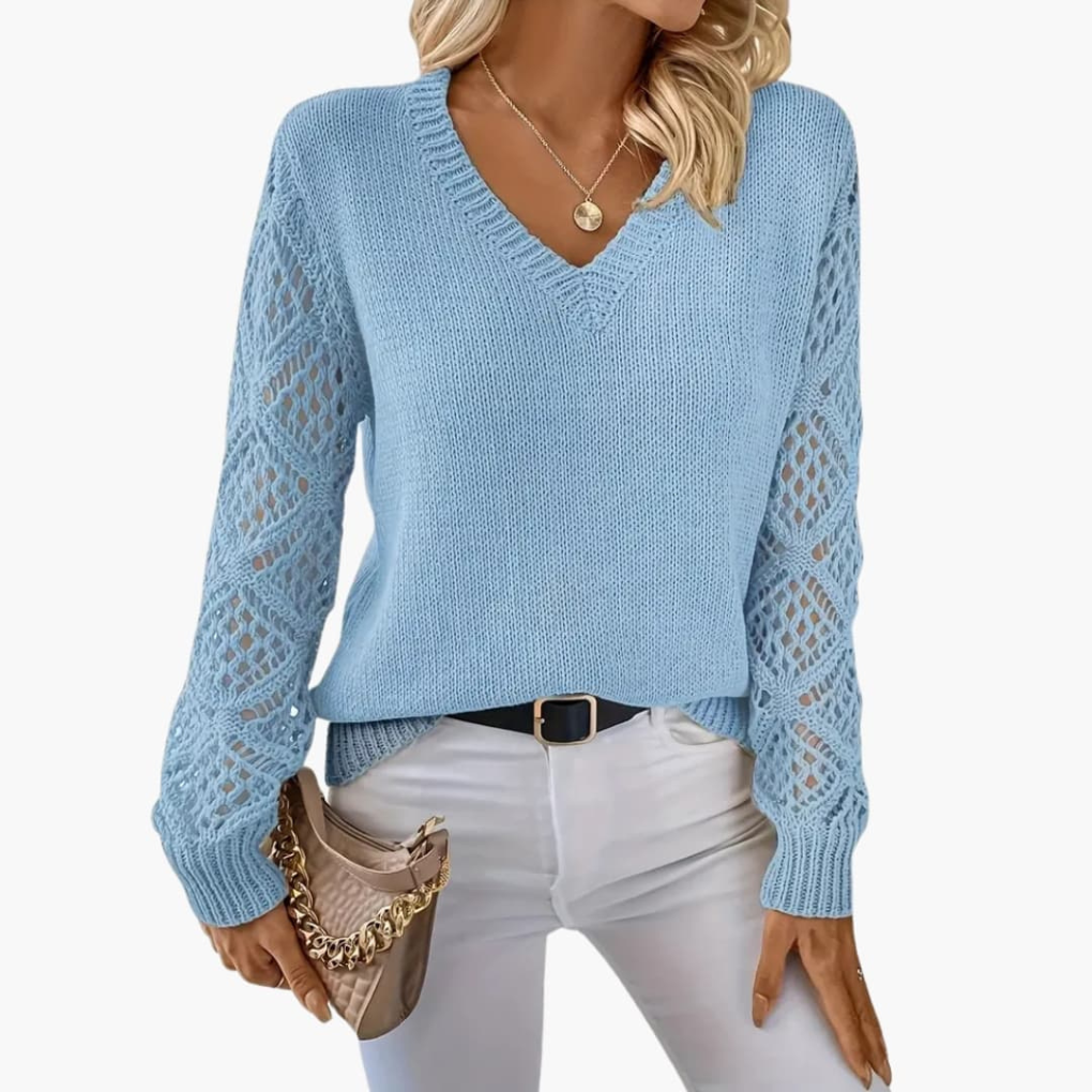 Ladies Fine Knitted Sweater with V-Neck and Long Sleeves