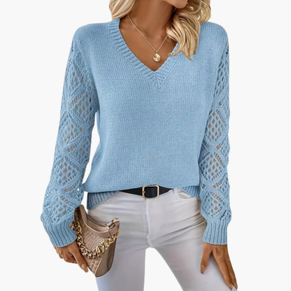 Ladies Fine Knitted Sweater with V-Neck and Long Sleeves