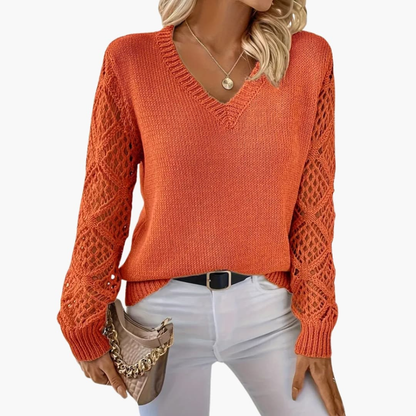 Ladies Fine Knitted Sweater with V-Neck and Long Sleeves