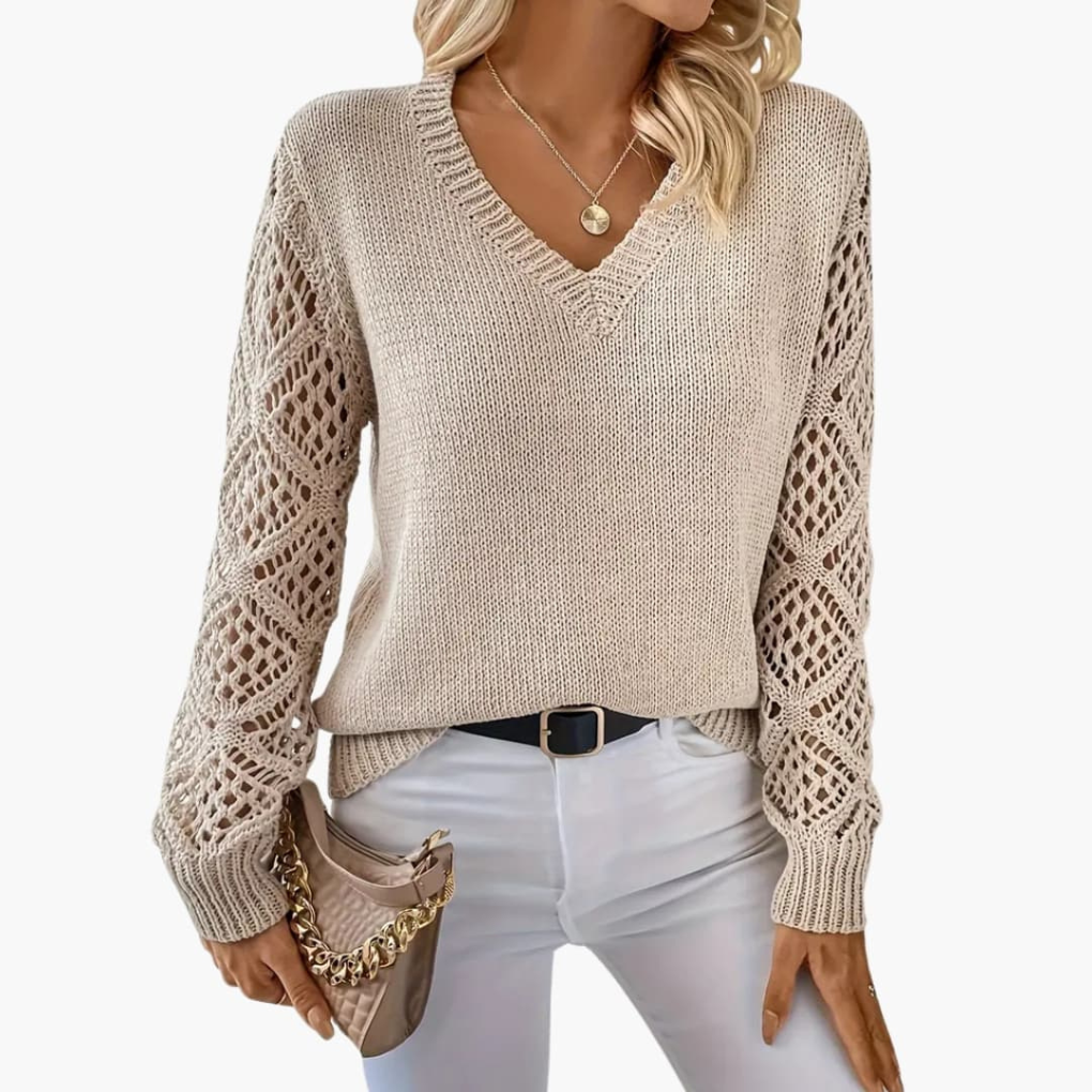 Ladies Fine Knitted Sweater with V-Neck and Long Sleeves