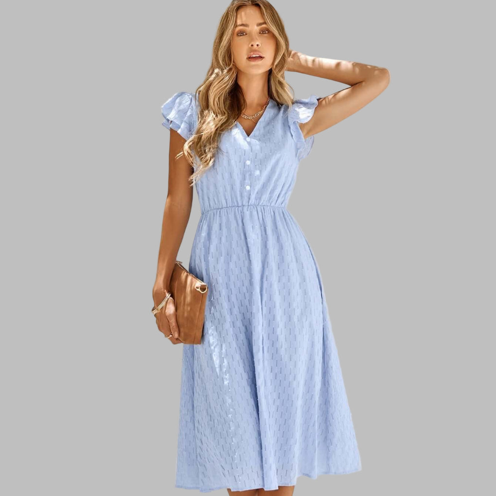 Ladies Flowy V-Neck Ruffled Midi Dress