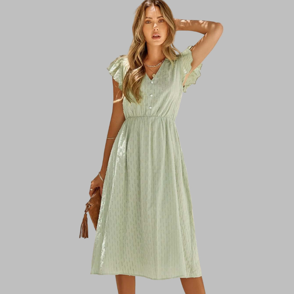 Ladies Flowy V-Neck Ruffled Midi Dress
