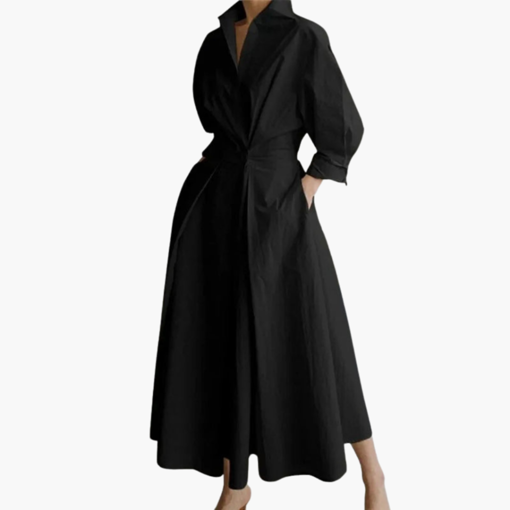 Ladies Long Shirt Dress with Waist Detail and Button Front