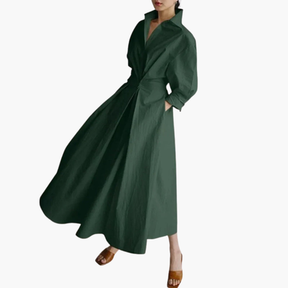 Ladies Long Shirt Dress with Waist Detail and Button Front
