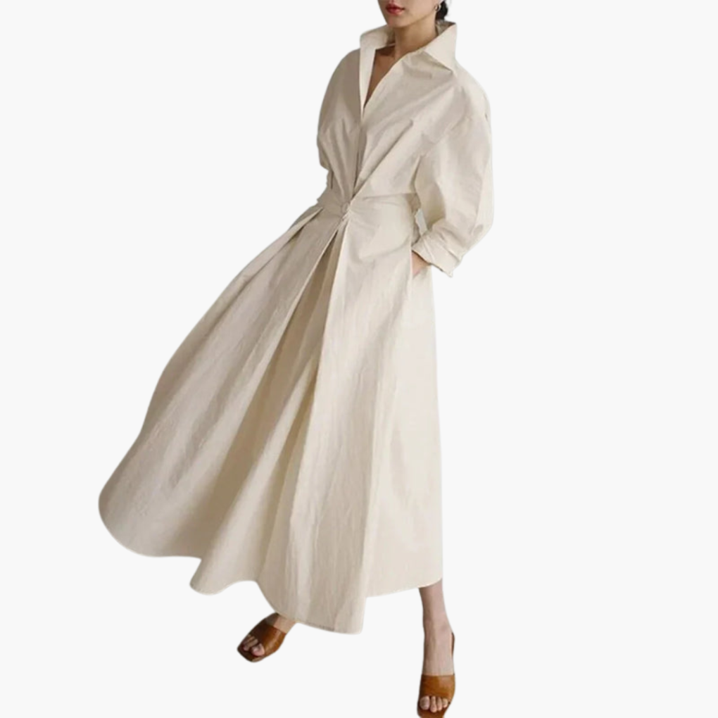 Ladies Long Shirt Dress with Waist Detail and Button Front