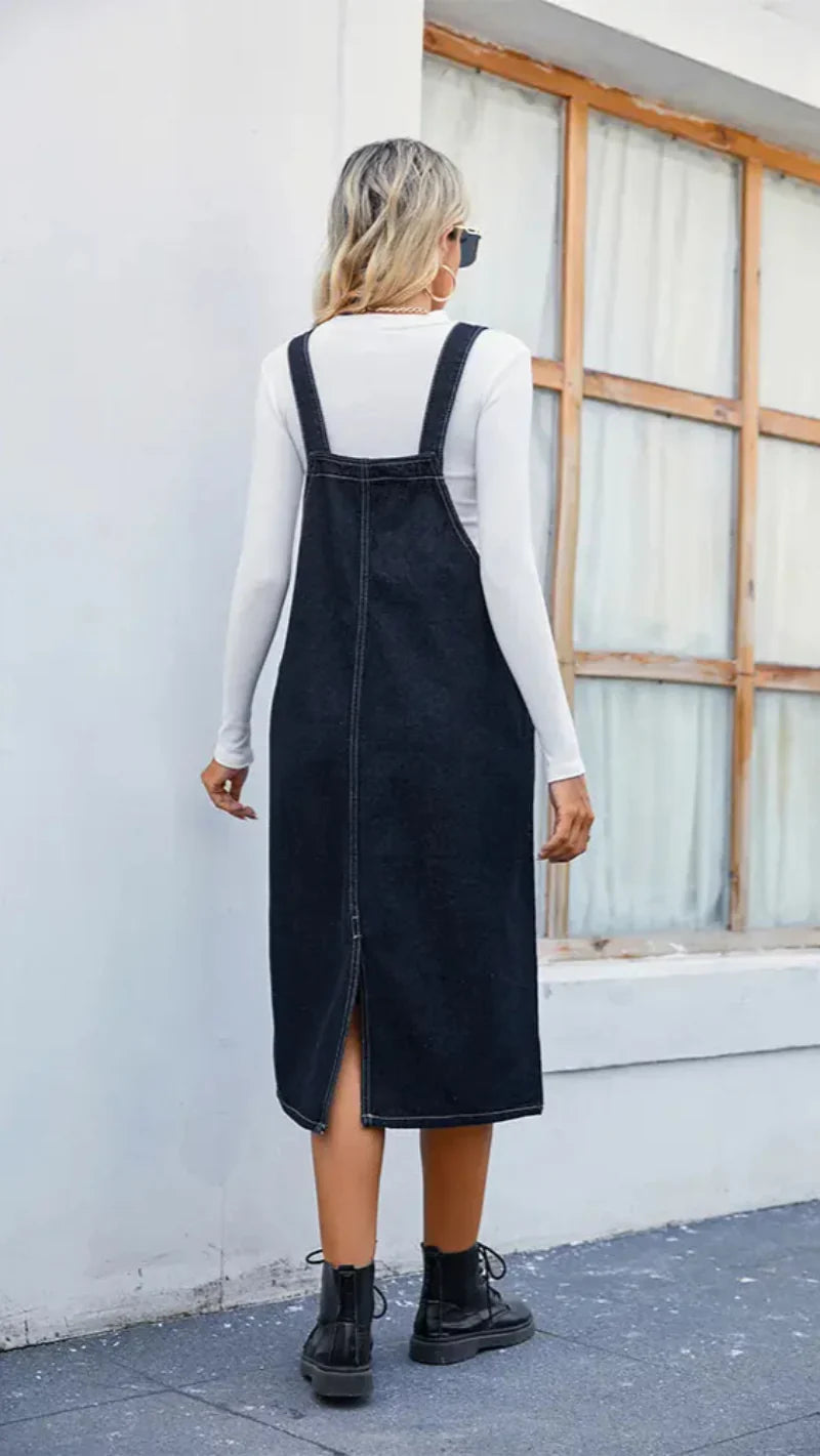 Ladies Midi Denim Pinafore Dress