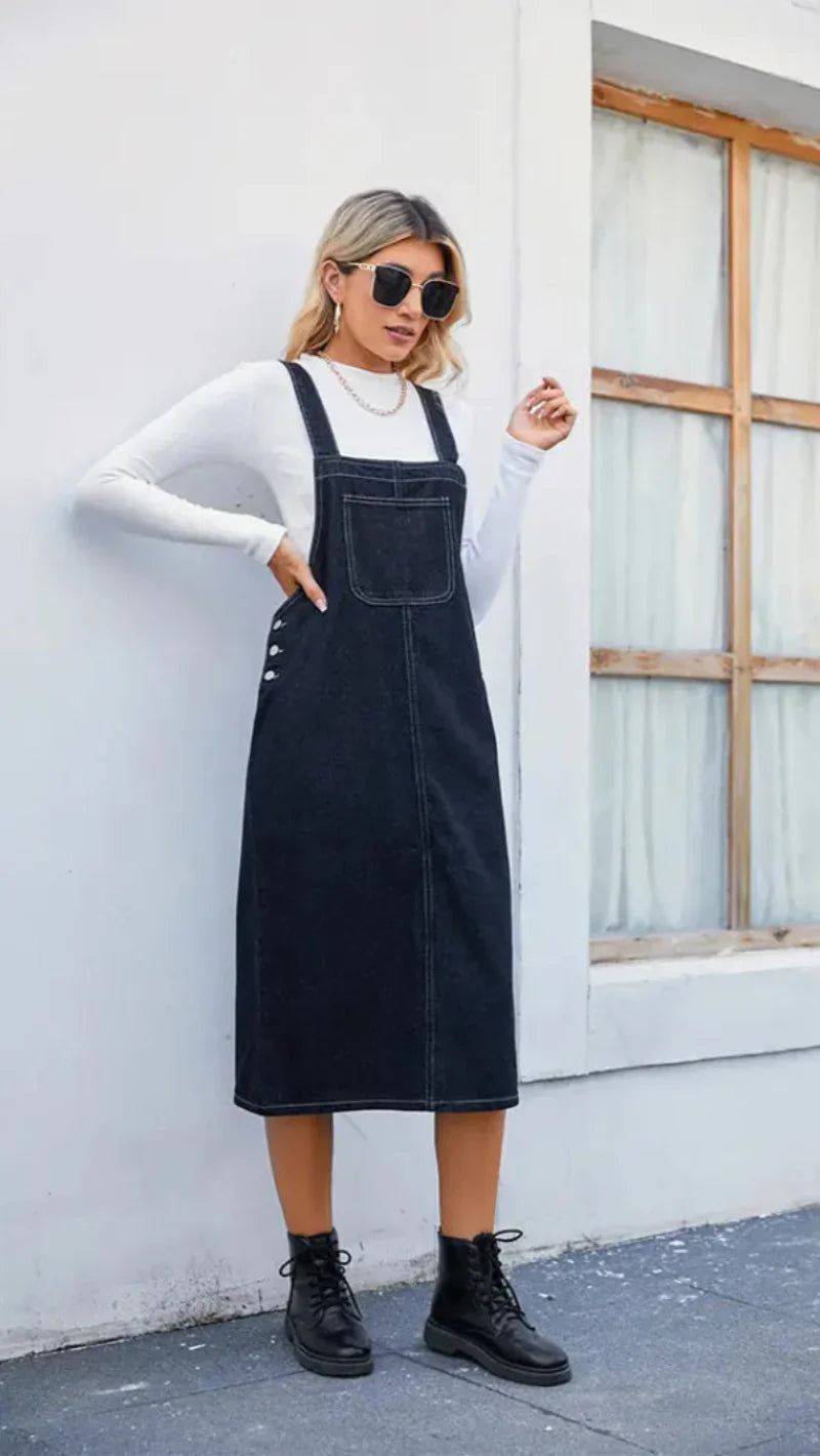 Ladies Midi Denim Pinafore Dress
